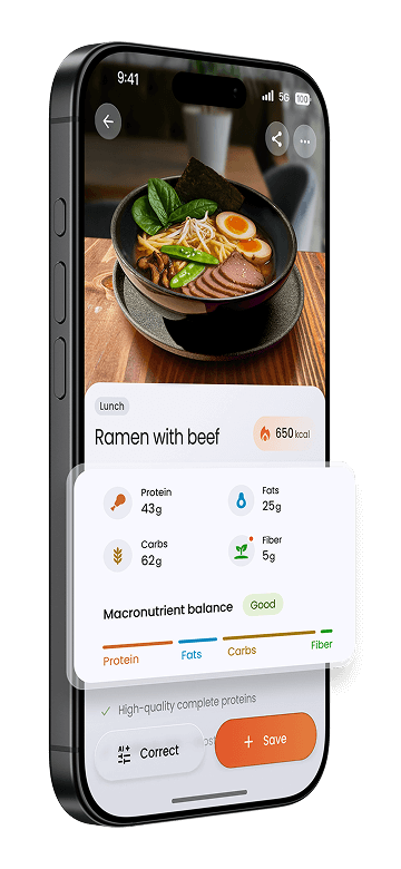 Impakt 应用显示已记录的牛肉拉面为 650 卡路里,并列出蛋白质、脂肪、碳水与膳食纤维的分解数据